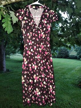 Brown Midi Dress with Pink and Cream Polka Dots